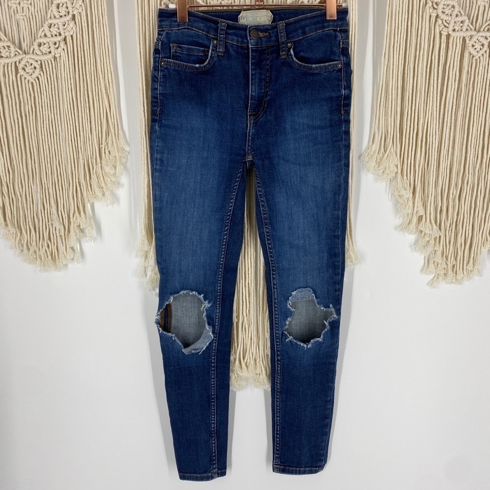Free People Dark Blue Skinny Pockets Cotton Knee Ripped Denim Jeans Size 25